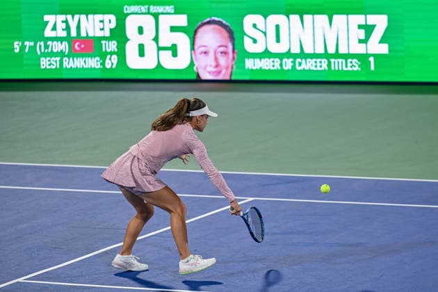 2026 Dubai Duty Free Tennis Championship DUBAI, UAE - FEBRUARY 15: Zeynep Sonmez of Turkiye competes against Sara Bejlek (not seen) of Czech Republic during Dubai Duty Free Tennis Championship at Dubai Duty Tennis Stadium in Dubai, UAE on February 15, 2026. Waleed Zein Anadolu Dubai United Arab Emirates. Editorial use only. Please get in touch for any other usage.  Copyright: x2026xAnadoluxWaleedxZeinx