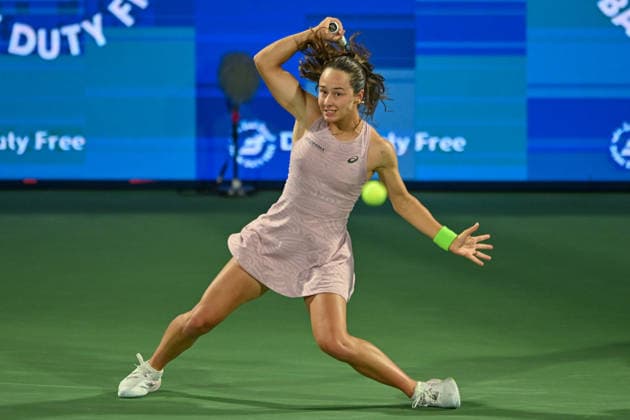 2026 Dubai Duty Free Tennis Championship DUBAI, UAE - FEBRUARY 15: Zeynep Sonmez of Turkiye competes against Sara Bejlek (not seen) of Czech Republic during Dubai Duty Free Tennis Championship at Dubai Duty Tennis Stadium in Dubai, UAE on February 15, 2026. Waleed Zein Anadolu Dubai United Arab Emirates. Editorial use only. Please get in touch for any other usage.  Copyright: x2026xAnadoluxWaleedxZeinx
