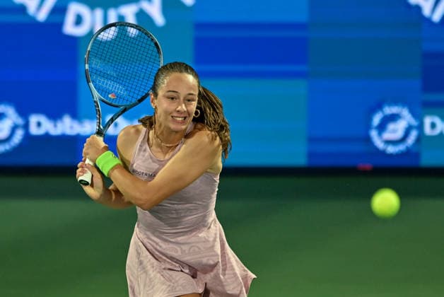 2026 Dubai Duty Free Tennis Championship DUBAI, UAE - FEBRUARY 15: Zeynep Sonmez of Turkiye competes against Sara Bejlek (not seen) of Czech Republic during Dubai Duty Free Tennis Championship at Dubai Duty Tennis Stadium in Dubai, UAE on February 15, 2026. Waleed Zein Anadolu Dubai United Arab Emirates. Editorial use only. Please get in touch for any other usage.  Copyright: x2026xAnadoluxWaleedxZeinx