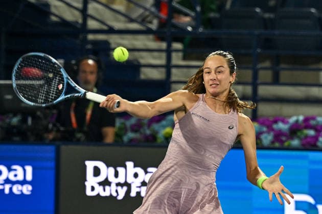 2026 Dubai Duty Free Tennis Championship DUBAI, UAE - FEBRUARY 15: Zeynep Sonmez of Turkiye competes against Sara Bejlek (not seen) of Czech Republic during Dubai Duty Free Tennis Championship at Dubai Duty Tennis Stadium in Dubai, UAE on February 15, 2026. Waleed Zein Anadolu Dubai United Arab Emirates. Editorial use only. Please get in touch for any other usage.  Copyright: x2026xAnadoluxWaleedxZeinx