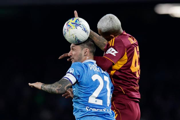 Italy: Serie a football match SSC Napoli vs AS Roma Napoli s Italian forward Matteo Politano challenges for the ball with Roma™s Brazilian defender Wesley during the Serie A football match between SSC Napoli and AS Roma at the Diego Armando Maradona Stadium in Naples, February 15, 2026. _BPH3825 Copyright: xAntonioxBalascox