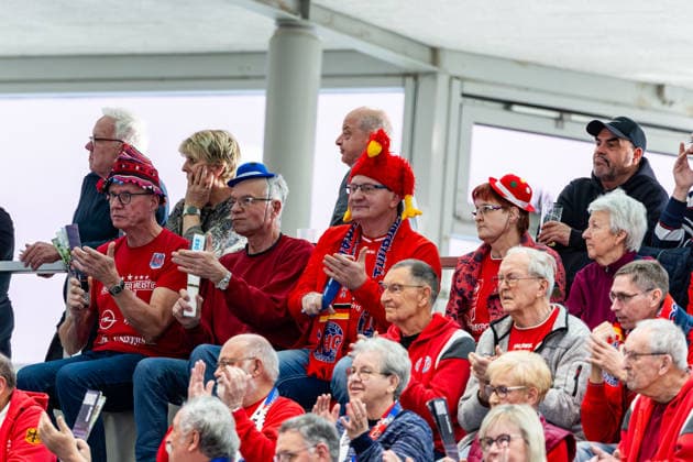 15 02 2026, GER, Handball, Women, Season 2025 2026, EHF European League , Group Phase, Thueringer HC Motherson Mosonmagyarovari KC shows fans on the tribune with a carnival costume 99947 Bad Langensalza Salza Halle Sporthalle Mehrz Thüringen Germany