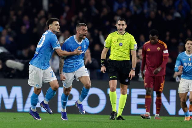 Italy: Serie a football match SSC Napoli vs AS Roma Napoli s Italian defender Leonardo Spinazzola celebrates after scoring a goal during the Serie A football match between SSC Napoli and AS Roma at the Diego Armando Maradona Stadium in Naples, February 15, 2026. _BPH4266 Copyright: xAntonioxBalascox
