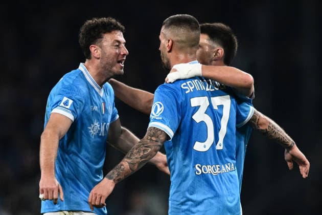 Ni Napoli 15 02 2026 - campionato di calcio serie A Napoli-Roma foto Nicola Ianuale Image nella foto: esultanza gol Leonardo Spinazzola 