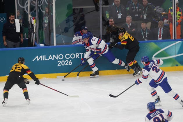 Ice hockey, Eishockey Men In Milan, Italy, on February 15, 2026, Thompson Tage and Michaelis Marc participate in the Ice Hockey Men s game between the United States of America and Germany on day nine of the Milano Cortina 2026 Winter Olympic Games, Olympische Spiele, Olympia, OS at Milano Santa Giulia Ice Hockey Arena. Milano Italy  Copyright: xMattiaxMarteganix originalFilename:martegani-notitle260215_npLBa.jpg