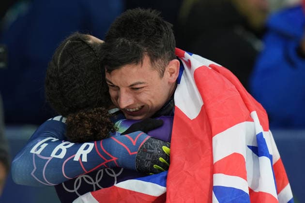 Great Britain ™s team, gold medal during Skeleton Mixed Team at the Cortina Sliding Centre at the Milano Cortina 2026 Winter Olympics, in Cortina (Italy) February 15 , 2026 (Spada LaPresse)  Copyright: xSpada LaPressex