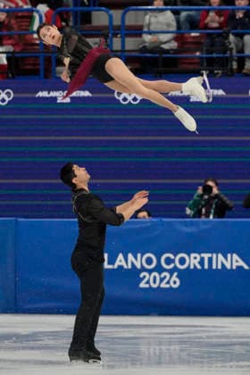 Emily Chan and Spencer Akira Howe of United States compete during the Pairs Figure skating, Eiskunstlauf Short Program at the Milano Figure Skating Arena in Milan, Italy on Sunday, February 15, 2026.  OLY20260215111 RichardxEllis