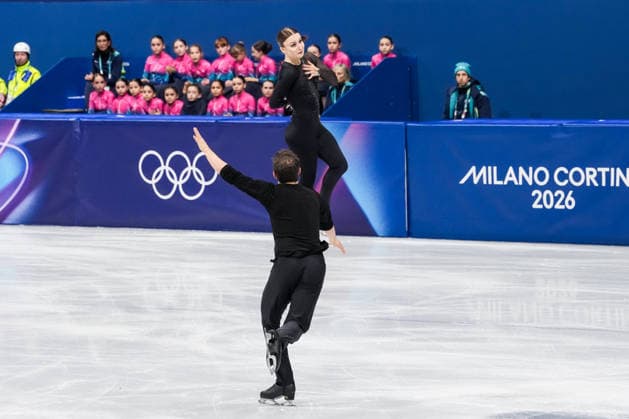 2026-02-15 - Milano Cortina 2026 Winter Olympics Figure skating, Eiskunstlauf Pair Skating MILAN, ITALY - FEBRUARY 15: Daria Danilova, Michel Tsiba of Netherlands performing in the Figure Skating Pair Skating Short Program during the Milano Cortina 2026 Winter Olympics at the Milano Ice Skating Arena on February 15, 2026 in Milan, Italy Milan Milano Ice Skating Arena Italy Content not available for redistribution in The Netherlands directly or indirectly through any third parties. Copyright: xAndrexWeeningx