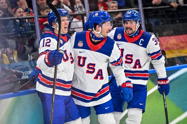 15 02 2026, Milano, Santa Giulia Ice hockey, Eishockey Arena, Winter Olympics: USA - Germany (Ice Hockey), Zach Werenski of United States celebrate his goal with Matt Boldy of United States (L) and Auston Matthews of United States (R) Milano Santa Giulia Ice Hockey Arena Lombardy Italy *** 15 02 2026, Milano, Santa Giulia Ice Hockey Arena, Winter Olympics USA Germany Ice Hockey , Zach Werenski of United States celebrate his goal with Matt Boldy of United States L and Auston Matthews of United States R Milano Santa Giulia Ice Hockey Arena Lombardy Italy Copyright: xJustPictures.ch AndreaxBrancax jp-en-AnBr-AB-AAB_729915022026