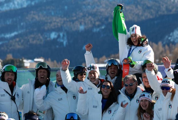 (260215) -- CORTINA D AMPEZZO, Feb. 15, 2026 -- Gold medalist Federica Brignone (above) of Italy celebrates with teammates after the awarding ceremony of the alpine skiing women s giant slalom at the Milan-Cortina 2026 Olympic Winter games, Winterspiele,Spiele, Summer games in Cortina, Italy, Feb. 15, 2026. ) (MICO2026)ITALY-CORTINA D AMPEZZO-OLYMPIC WINTER GAMES-ALPINE SKIING-WOMEN S GIANT SLALOM ZhangxChenlin 
