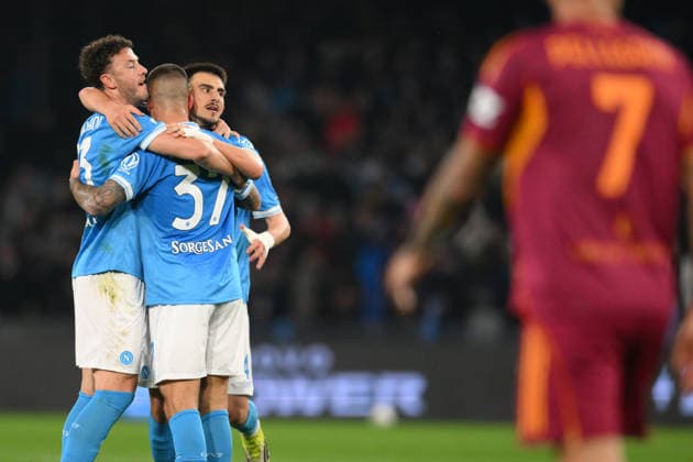 15th February 2026, Stadio Diego Armando Maradona, Naples, Italy; Serie A Football; Napoli versus Roma; Leonardo Spinazzola of SSC Napoli celebrates after scoring goal in the 40th minute for 1-1  AllShotLive Content restricted for UK based newspaper