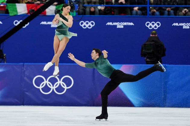 VAIPAN-LAW Anastasia DIGBY Luke competing for the Olympic Figure skating, Eiskunstlauf Pair Skating, Short Program for the Milano Cortina 2026 Winter Olympics, in Milan (Italy) February 15, 2026 (Photo Claudio Furlan LaPresse)  Copyright: xClaudioxFurlan LaPressex