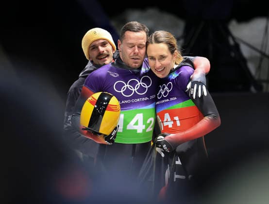 (260215) -- CORTINA D AMPEZZO, Feb. 15, 2026 -- Jacqueline Pfeifer (R) Christopher Grotheer of Germany react after the skeleton mixed team competition at the Milan-Cortina 2026 Olympic Winter games, Winterspiele,Spiele, Summer games in Cortina, Italy, Feb. 15, 2026. ) (MICO2026)ITALY-CORTINA D AMPEZZO-OLYMPIC WINTER GAMES-SKELETON MIXED TEAM DingxXu 