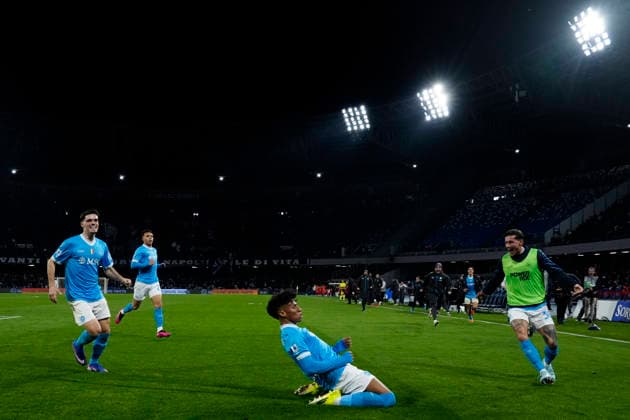 Alisson Santos (SSC Napoli) celebrates after scoring his team s second goal, Serie A, SSC Napoli v AS Roma, Diego Maradona Stadium, February 15, 2026, Napoli, Italy.