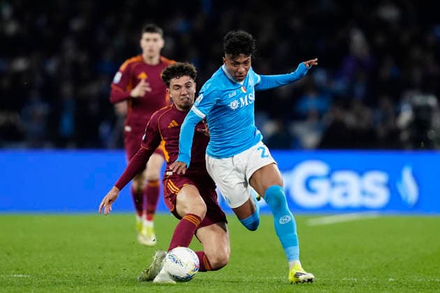 Alisson Santos (SSC Napoli) and Neil El Aynaoui (AS Roma) battle for the ball, Serie A, SSC Napoli v AS Roma, Diego Maradona Stadium, February 15, 2026, Napoli, Italy.