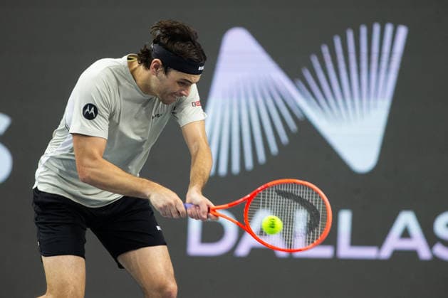 February 15, 2026, Frisco, Texas, USA: TAYLOR FRITZ (USA) uses a forehand during a menâ€⠢s singles final match at the 2026 Nexo Dallas Open at The Ford Center at The Star in Frisco, Texas. Ben Shelton won the Dallas Open singles title after defeating Taylor Fritz, 3:6, 6:3, 7:5. Tennis 2026: Dallas Open: Shelton. 3:6, 6:3, 7:5 Fritz - ZUMAh193 20260215_zsp_h193_068 Copyright: xDanielxMcGregor-Huyerx