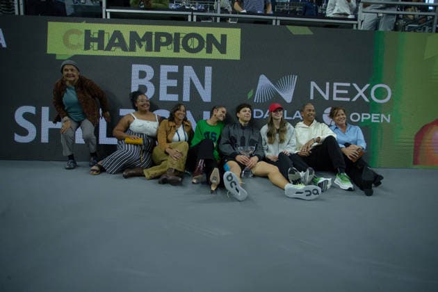 February 15, 2026, Frisco, Texas, USA: BEN SHELTON (USA) (middle) and his family pose with the Dallas Open trophy during a menâ€⠢s singles final match at the 2026 Nexo Dallas Open at The Ford Center at The Star in Frisco, Texas. Ben Shelton won the Dallas Open singles title after defeating Taylor Fritz, 3:6, 6:3, 7:5. Tennis 2026: Dallas Open: Shelton. 3:6, 6:3, 7:5 Fritz - ZUMAh193 20260215_zsp_h193_077 Copyright: xDanielxMcGregor-Huyerx