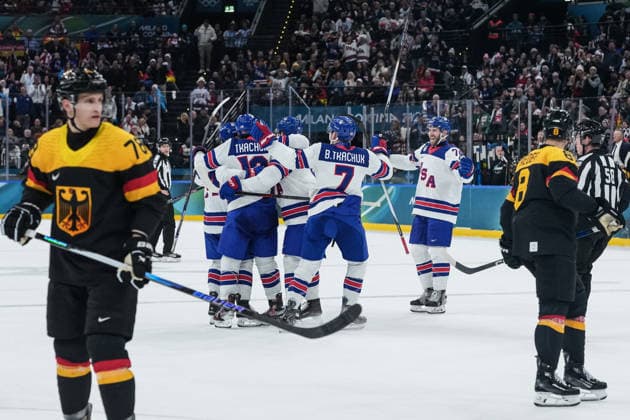 Milano Cortina 2026 Winter Olympics MILAN, ITALY - FEBRUARY 15: USA s Matthew Tkachuk (19), Brady Tkachuk (7) and Jaccob Slavin (74) celebrate after a goal during a men s Ice hockey, Eishockey Group C match against Germany at the Milano Santagiulia Ice Hockey Arena at the Milano-Cortina 2026 Winter Olympic Games, Olympische Spiele, Olympia, OS in Milan, Italy, on February 15, 2026. Cemal Yurttas Anadolu Milan Italy. Editorial use only. Please get in touch for any other usage.  Copyright: x2026xAnadoluxCemalxYurttasx