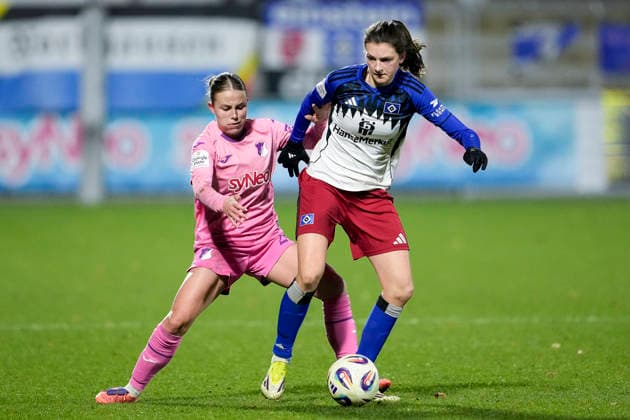 v li Laura Gloning TSG, 20 , Lotta Wrede HSV, 32 , duel, duel, tackle, tackling, dynamics, action, action, 15 02 2026, Sinsheim Hoffenheim Germany , Football, Google Pixel Women Bundesliga, TSG 1899 Hoffenheim Hamburger SV, DFB DFL REGULATIONS PROHIBIT ANY USE OF PHOTOGRAPHS AS IMAGE SEQUENCES AND OR QUASI VIDEO xozx