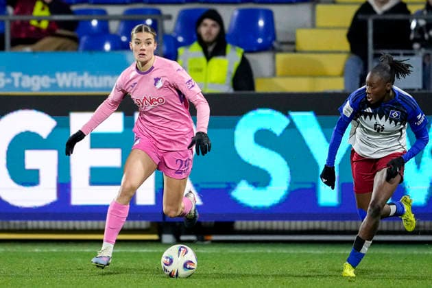 v li Selina Cerci TSG, 29 , Magou Doucoure HSV, 2 , Action, Action, Game scene, 15 02 2026, Sinsheim Hoffenheim Germany , Soccer, Google Pixel Women Bundesliga, TSG 1899 Hoffenheim Hamburger SV, DFB DFL REGULATIONS PROHIBIT ANY USE OF PHOTOGRAPHS AS IMAGE SEQUENCES AND OR QUASI VIDEO xozx