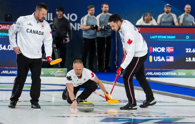 Curling - Milano Cortina 2026 Winter Olympics: Day 9 Ben Hebert, Brad Jacobs, Brett Gallant during Milano Cortina 2026 Winter Olympics Men™s Curling Round Robin at Curling Olympic Stadium in Cortina D Ampezzo on February 15, 2026 Cortina D Ampezzo Italy  Copyright: xFotoxOlimpikx originalFilename:jastrzebowski-curlingm260215_npLN6.jpg