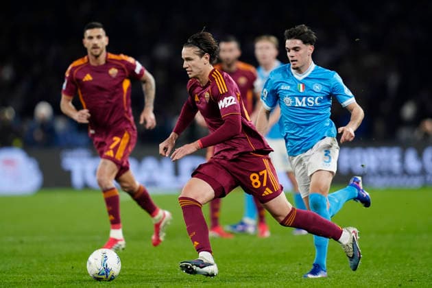 Daniele Ghiraldi (AS Roma) in action, Serie A, SSC Napoli v AS Roma, Diego Maradona Stadium, February 15, 2026, Napoli, Italy.