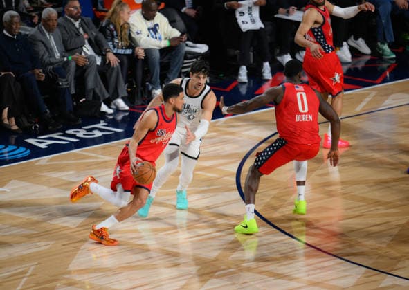 NBA, Basketball Herren, USA All Star 2026 LOS ANGELES, CA - FEB 15: Jalen Duren (0) of the USA Stars Team dribbles the ball during the game against World Team during the 75th NBA All-Star Game as part of the 2026 NBA All-Star Weekend on February 15, 2026 at Intuit Dome in Inglewood, California. Tayfun Coskun Anadolu California United States. Editorial use only. Please get in touch for any other usage.  Copyright: x2026xAnadoluxTayfunxCoskunx