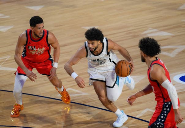 NBA, Basketball Herren, USA All Star 2026 LOS ANGELES, CA - FEB 15: Jamal Murray (27) of World Team dribbles the ball during the game against the USA Stars Team during the 75th NBA All-Star Game February 15, 2026 at Kia Forum in Los Angeles, California. Tayfun Coskun Anadolu California United States. Editorial use only. Please get in touch for any other usage.  Copyright: x2026xAnadoluxTayfunxCoskunx