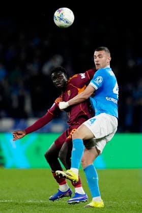 Robinio Vaz (AS Roma) and Alessandro Buongiorno (SSC Napoli) battle for the ball, Serie A, SSC Napoli v AS Roma, Diego Maradona Stadium, February 15, 2026, Napoli, Italy.