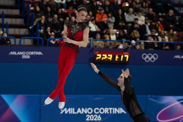 February 15, 2026, Milano, Lombardy, Italy: Anastasiia Metelkina of Georgia and Luka Berulava of Georgia currently in second place perform in Ice Skating Pairs Short Program during the 2026 Winter Olympics at the Milano Ice Skating Arena on Sunday in Milano. Milano Italy - ZUMAj89_ 20260215_oly_j89_051 Copyright: xPaulxKitagakixJr.x