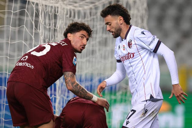 Turin, Italy, 15th February 2026. Luca Marianucci of Torino FC reacts towards Joao Mario of Bologna FC following a clash with Emirhan Ilkhan of Torino FC during the Torino vs Bologna Serie A match at Stadio Grande Torino, Turin. Picture credit should read: Jonathan Moscrop Sportimage EDITORIAL USE ONLY. No use with unauthorised audio, video, data, fixture lists, club league logos or live services. Online in-match use limited to 120 images, no video emulation. No use in betting, games or single club league player publications. SPI_049_TORO_BOLOGNA SPI-4525-0049