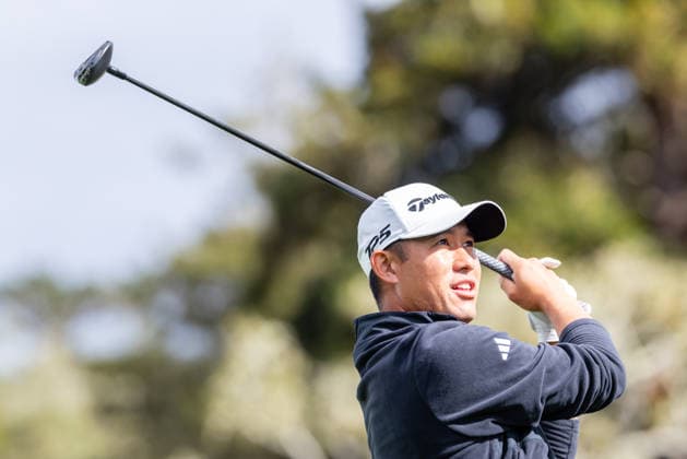 PEBBLE BEACH, CA - FEBRUARY 15: Collin Morikawa of the United States tees off the 16th hole during the final round of the AT&T Pebble Beach Pro-Am 2026 on February 15, 2026 at Pebble Beach Golf Links in Pebble Beach, CA. (Photo by Matthew Huang Icon Sportswire) GOLF: FEB 15 PGA, Golf Herren AT&T Pebble Beach Pro-Am EDITORIAL USE ONLY Icon2602150224