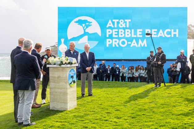 PEBBLE BEACH, CA - FEBRUARY 15: Collin Morikawa of the United States is interviewed by Jim Nantz after winning the AT&T Pebble Beach Pro-Am 2026 on February 15, 2026 at Pebble Beach Golf Links in Pebble Beach, CA. (Photo by Matthew Huang Icon Sportswire) GOLF: FEB 15 PGA, Golf Herren AT&T Pebble Beach Pro-Am EDITORIAL USE ONLY Icon2602150454