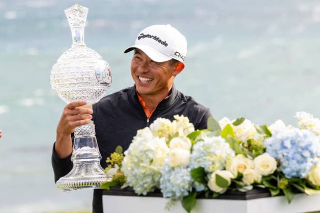 PEBBLE BEACH, CA - FEBRUARY 15: Collin Morikawa of the United States holds the crystal trophy after winning the the AT&T Pebble Beach Pro-Am 2026 on February 15, 2026 at Pebble Beach Golf Links in Pebble Beach, CA. (Photo by Matthew Huang Icon Sportswire) GOLF: FEB 15 PGA, Golf Herren AT&T Pebble Beach Pro-Am EDITORIAL USE ONLY Icon2602150464