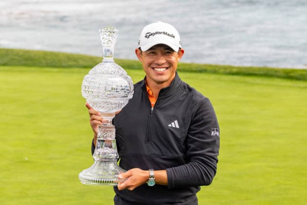 PEBBLE BEACH, CA - FEBRUARY 15: Collin Morikawa of the United States holds the crystal trophy after winning the the AT&T Pebble Beach Pro-Am 2026 on February 15, 2026 at Pebble Beach Golf Links in Pebble Beach, CA. (Photo by Matthew Huang Icon Sportswire) GOLF: FEB 15 PGA, Golf Herren AT&T Pebble Beach Pro-Am EDITORIAL USE ONLY Icon2602150514