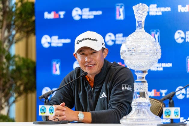 PEBBLE BEACH, CA - FEBRUARY 15: Collin Morikawa of the United States speaks with media after winning the the AT&T Pebble Beach Pro-Am 2026 on February 15, 2026 at Pebble Beach Golf Links in Pebble Beach, CA. (Photo by Matthew Huang Icon Sportswire) GOLF: FEB 15 PGA, Golf Herren AT&T Pebble Beach Pro-Am EDITORIAL USE ONLY Icon2602150544