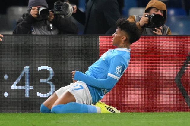 15th February 2026, Stadio Diego Armando Maradona, Naples, Italy; Serie A Football; Napoli versus Roma; Alisson Santos of SSC Napoli celebrates after scoring goal in the 82th minute for 2-2  AllShotLive