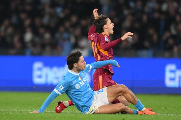 CALCIO - Serie A - SSC Napoli vs AS Roma Niccolo Pisilli of AS Roma under pressure from Antonio Vergara of SSC Napoli during the match of 25th day of the Serie A Championship between S.S.C. Napoli and A.S.Roma at the Maradona Stadium on Feb 15, 2026 in Naples, Italy. during SSC Napoli vs AS Roma, Italian soccer Serie A match in Naples, Italy, February 15 2026 Naples Italy  Copyright: xIPAxSport ABACAx