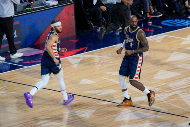NBA, Basketball Herren, USA All Star 2026: USA Stars vs USA Stripes LOS ANGELES, CA, UNITED STATES - FEBRUARY 15: LeBron James (R) and Jalen Brunson (L) for USA Stripes are in action during the game of NBA All Star 2026 between USA Stars and USA Stripes at Intuit Dome, Inglewood, Los Angeles, California, United States on February 15, 2026. Tayfun Coskun Anadolu California United States. Editorial use only. Please get in touch for any other usage.  Copyright: x2026xAnadoluxTayfunxCoskunx