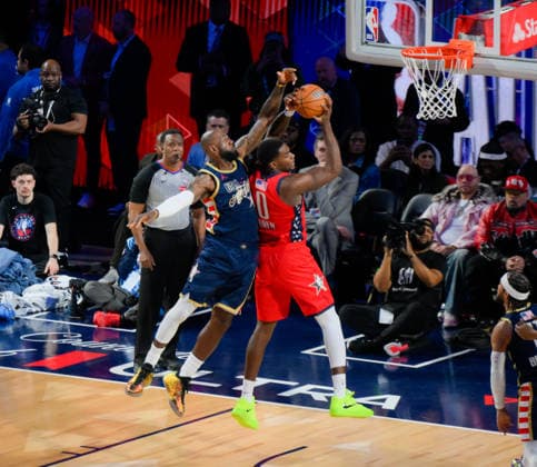 NBA, Basketball Herren, USA All Star 2026: USA Stars vs USA Stripes LOS ANGELES, CA, UNITED STATES - FEBRUARY 15: LeBron James (23) for USA Stripes and Jalen Duren (0) for USA Stars are in action during the game of NBA All Star 2026 between USA Stars and USA Stripes at Intuit Dome, Inglewood, Los Angeles, California, United States on February 15, 2026. Tayfun Coskun Anadolu California United States. Editorial use only. Please get in touch for any other usage.  Copyright: x2026xAnadoluxTayfunxCoskunx
