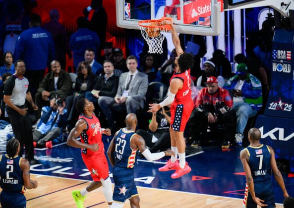 NBA, Basketball Herren, USA All Star 2026: USA Stars vs USA Stripes LOS ANGELES, CA, UNITED STATES - FEBRUARY 15: Cade Cunningham (2) for USA Stars baskets during the game of NBA All Star 2026 between USA Stars and USA Stripes at Intuit Dome, Inglewood, Los Angeles, California, United States on February 15, 2026. Tayfun Coskun Anadolu California United States. Editorial use only. Please get in touch for any other usage.  Copyright: x2026xAnadoluxTayfunxCoskunx
