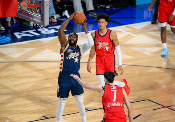 NBA, Basketball Herren, USA All Star 2026: USA Stars vs USA Stripes LOS ANGELES, CA, UNITED STATES - FEBRUARY 15: Jaylen Brown for USA Stripes goes for basket during the game of NBA All Star 2026 between USA Stars and USA Stripes at Intuit Dome, Inglewood, Los Angeles, California, United States on February 15, 2026. Tayfun Coskun Anadolu California United States. Editorial use only. Please get in touch for any other usage.  Copyright: x2026xAnadoluxTayfunxCoskunx