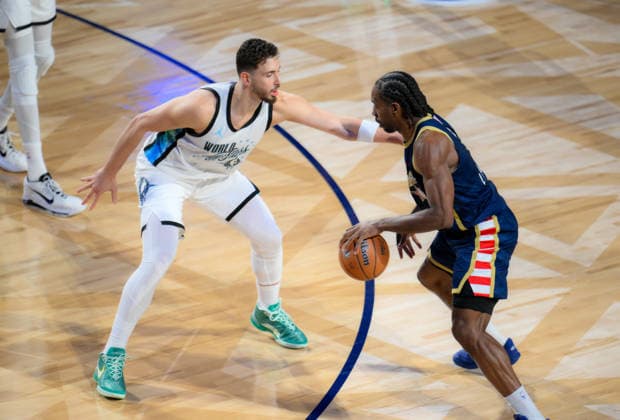 NBA, Basketball Herren, USA All Star 2026: USA Stripes vs Team World LOS ANGELES, CA - FEB 15: Kawhi Leonard (R) for USA Stripes and Alperen Sengun (L) for Team World in action during the game of NBA All Star 2026 between Team World and USA Stripes at Intuit Dome in Inglewood, Los Angeles, California, United States on February 15, 2026. Tayfun Coskun Anadolu Los Angeles United States. Editorial use only. Please get in touch for any other usage.  Copyright: x2026xAnadoluxTayfunxCoskunx