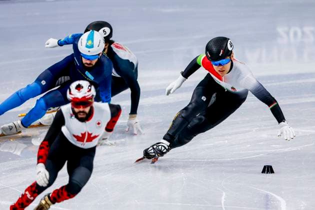 Steven Dubois of Canada and Denis Nikisha of Kazakhstan and Shogo Miyata of Japan and Wonjun Moon of Hungary Men s 500m, Milano Cortina 2026 Winter Olympics: Day 10, Short Track Speed skating, Eisschnelllauf - Milano Cortina 2026 Winter Olympics: Day 10, Milano Speed Skating Stadium, February 16, 2026, Milan, Italy.