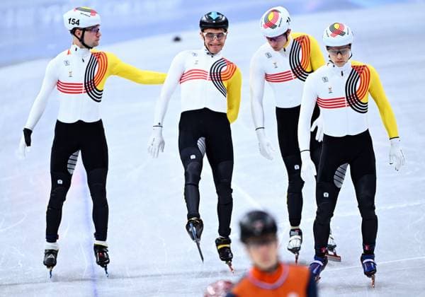 Belgian shorttrack skater Adriaan Dewagtere, Belgian shorttrack skater Ward Petre, Belgian shorttrack skater Warre Van Damme and Belgian shorttrack skater Stijn Desmet pictured before the semifinals of the men s 5000m Relay Short Track Speed skating, Eisschnelllauf at the Milano Cortina 2026 Olympic Winter games, Winterspiele,Spiele, Summer games on Monday 16 February 2026 in Milan, Italy. The XXV Winter Olympics take place from 6 to 22 February 2026 in Italy. JASPERxJACOBS  x163811391x