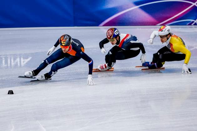 Friso Emons of the Netherlands and Dong Min Shin of Republic of Korea and Warre van Damme of Belgium Men s 5000m Relay Semifinals, Milano Cortina 2026 Winter Olympics: Day 10, Short Track Speed skating, Eisschnelllauf - Milano Cortina 2026 Winter Olympics: Day 10, Milano Speed Skating Stadium, February 16, 2026, Milan, Italy.