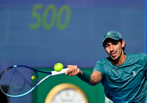 ATP, Tennis Herren Qatar ExxonMobil Open 2026-Round of 32 Alexei Popyrin of Australia in action against Mubarak Shannan Zayid of Qatar in the Round of 32 at the ATP men™s Qatar ExxonMobil Open 2026 at the Khalifa International Tennis Complex in Doha, Qatar, on February 16, 2026. ¨¨ DOHA Qatar Copyright: xNOUSHADx