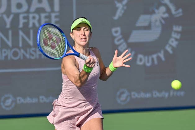 2026 Dubai Duty Free Tennis Championship DUBAI, UNITED ARAB EMIRATES - FEBRUARY 16: Swiss tennis player Belinda Bencic competes against Spain s Jessica Bouzas Maneiro (not seen) in the women’s singles match of the Dubai Duty Free Tennis Championship at the Dubai Duty Tennis Stadium in Dubai, United Arab Emirates, on February 16, 2026. Waleed Zein Anadolu Dubai United Arab Emirates. Editorial use only. Please get in touch for any other usage.  Copyright: x2026xAnadoluxWaleedxZeinx