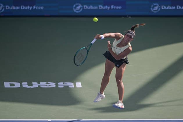 2026 Dubai Duty Free Tennis Championship DUBAI, UNITED ARAB EMIRATES - FEBRUARY 16: Spanish tennis player Jessica Bouzas Maneiro competes against Switzerland s Belinda Bencic (not seen) in the women’s singles match of the Dubai Duty Free Tennis Championship at the Dubai Duty Tennis Stadium in Dubai, United Arab Emirates, on February 16, 2026. Waleed Zein Anadolu Dubai United Arab Emirates. Editorial use only. Please get in touch for any other usage.  Copyright: x2026xAnadoluxWaleedxZeinx