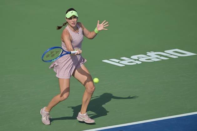 2026 Dubai Duty Free Tennis Championship DUBAI, UNITED ARAB EMIRATES - FEBRUARY 16: Swiss tennis player Belinda Bencic competes against Spain s Jessica Bouzas Maneiro (not seen) in the women’s singles match of the Dubai Duty Free Tennis Championship at the Dubai Duty Tennis Stadium in Dubai, United Arab Emirates, on February 16, 2026. Waleed Zein Anadolu Dubai United Arab Emirates. Editorial use only. Please get in touch for any other usage.  Copyright: x2026xAnadoluxWaleedxZeinx